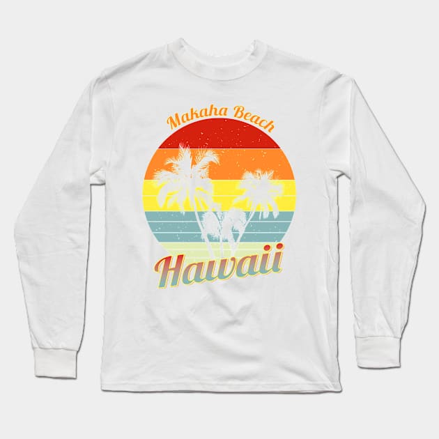 Makaha Beach Hawaii Retro Tropical Palm Trees Vacation Long Sleeve T-Shirt by macdonaldcreativestudios